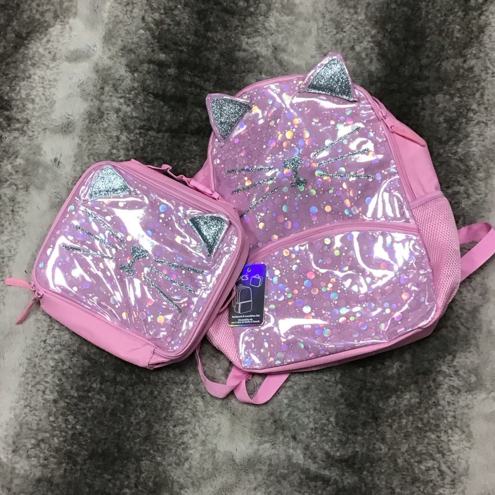 Sparkly Pink Cat Backpack and Lunchbox Set